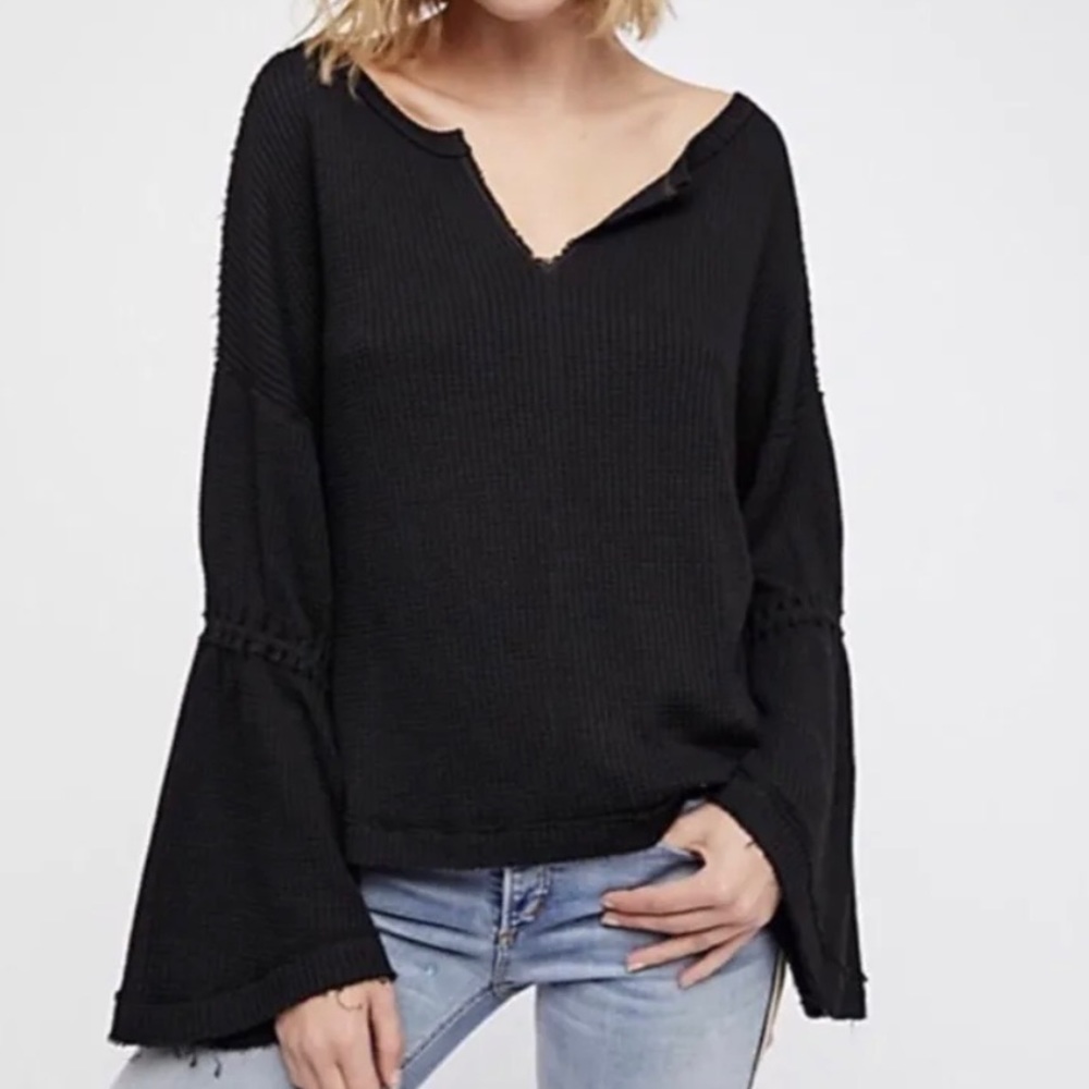 We the Free People Dahlia Black Thermal Flared Sleeve Top Women’s Large Raw Hem